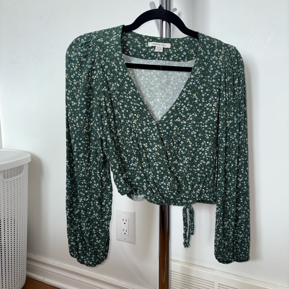 American Eagle Outfitters Green Floral Wrap Blouse